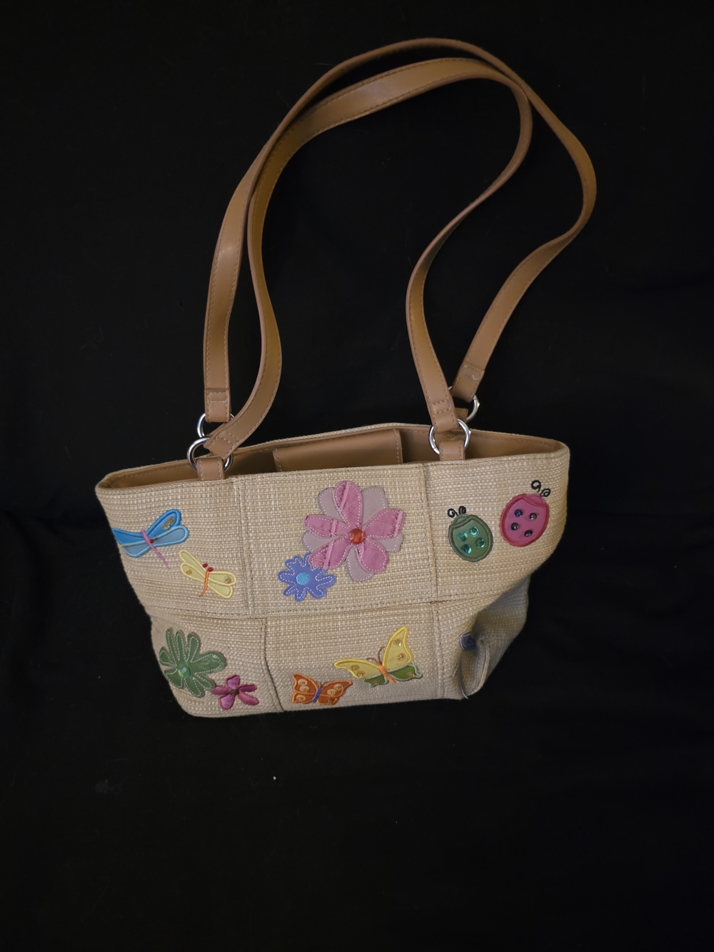 Tan Tote Bag with Colorful Floral & Bug Appliqués